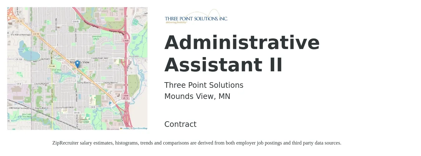 Three Point Solutions job posting for a Administrative Assistant II in Mounds View, MN with a salary of $19 to $26 Hourly with a map of Mounds View location.