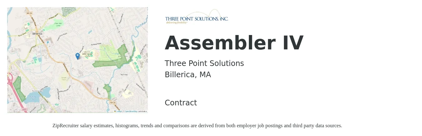 Three Point Solutions job posting for a Assembler IV in Billerica, MA with a salary of $17 to $21 Hourly with a map of Billerica location.