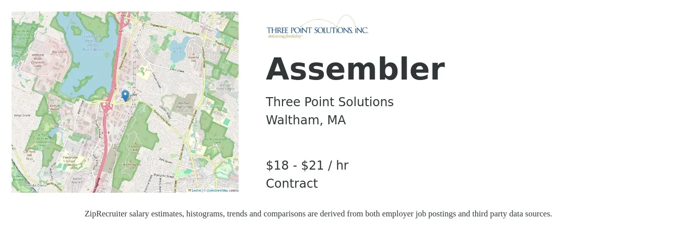 Three Point Solutions job posting for a Assembler in Waltham, MA with a salary of $20 to $22 Hourly with a map of Waltham location.