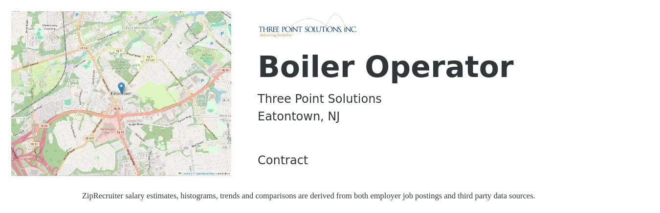 Three Point Solutions job posting for a Boiler Operator in Eatontown, NJ with a salary of $25 to $35 Hourly with a map of Eatontown location.