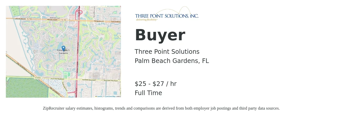 Three Point Solutions job posting for a Buyer in Palm Beach Gardens, FL with a salary of $26 to $29 Hourly with a map of Palm Beach Gardens location.
