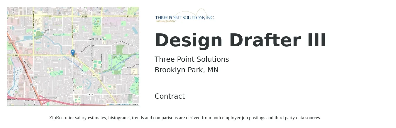 Three Point Solutions job posting for a Design Drafter III in Brooklyn Park, MN with a salary of $23 to $33 Hourly with a map of Brooklyn Park location.