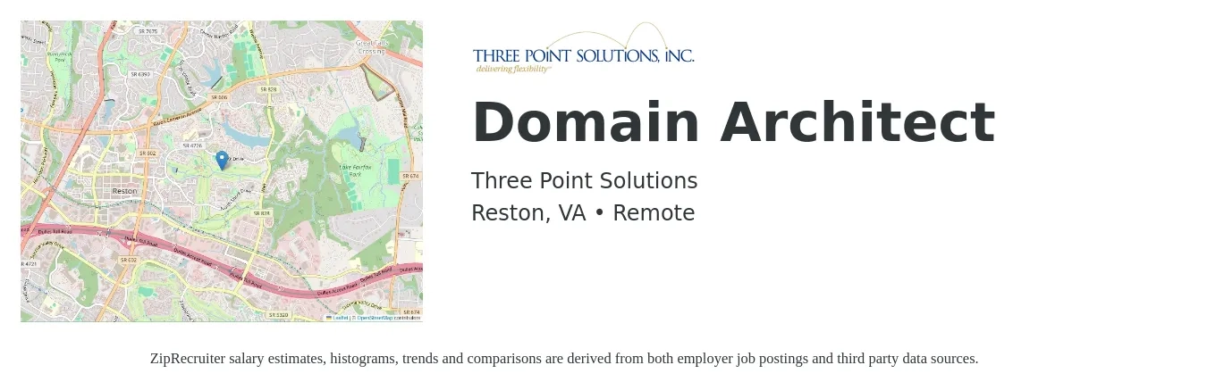 Three Point Solutions job posting for a Domain Architect in Reston, VA with a salary of $123,800 to $133,700 Yearly with a map of Reston location.