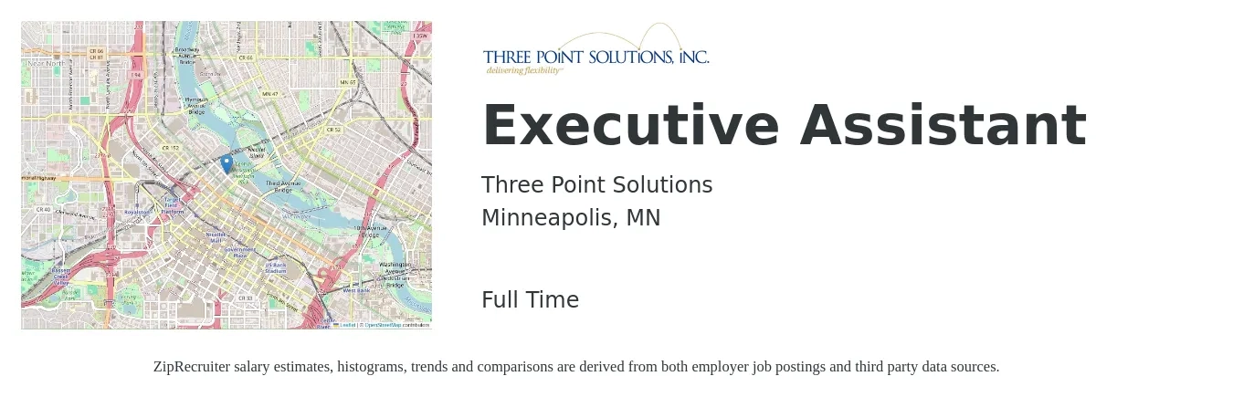 Three Point Solutions job posting for a Executive Assistant in Minneapolis, MN with a salary of $50,200 to $75,400 Yearly with a map of Minneapolis location.