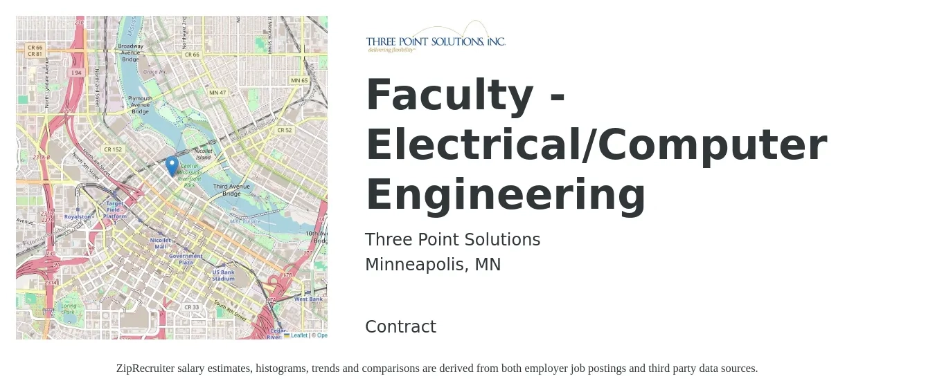 Three Point Solutions job posting for a Faculty -Electrical/Computer Engineering in Minneapolis, MN with a salary of $86,600 to $137,800 Yearly with a map of Minneapolis location.