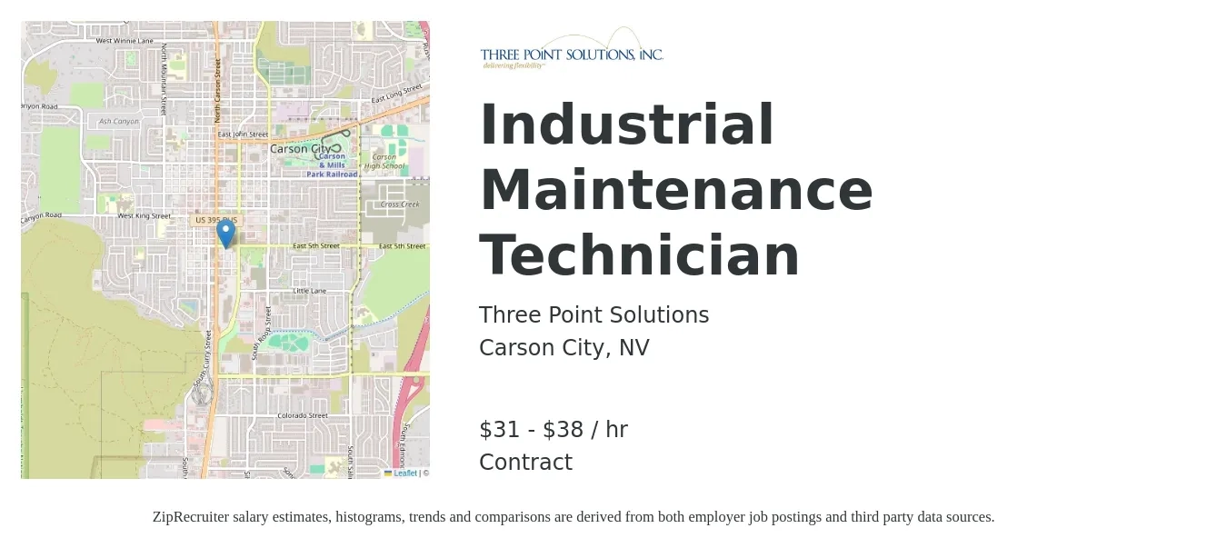 Three Point Solutions job posting for a Industrial Maintenance Technician in Carson City, NV with a salary of $33 to $40 Hourly with a map of Carson City location.