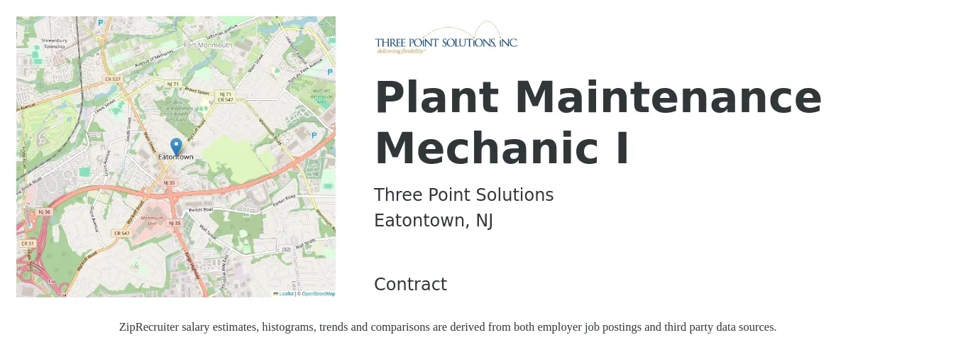 Three Point Solutions job posting for a Plant Maintenance Mechanic I in Eatontown, NJ with a salary of $24 to $35 Hourly with a map of Eatontown location.