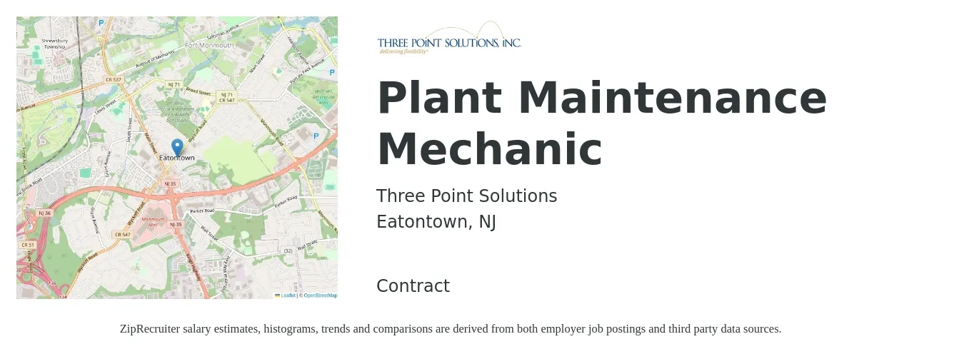 Three Point Solutions job posting for a Plant Maintenance Mechanic in Eatontown, NJ with a salary of $24 to $35 Hourly with a map of Eatontown location.