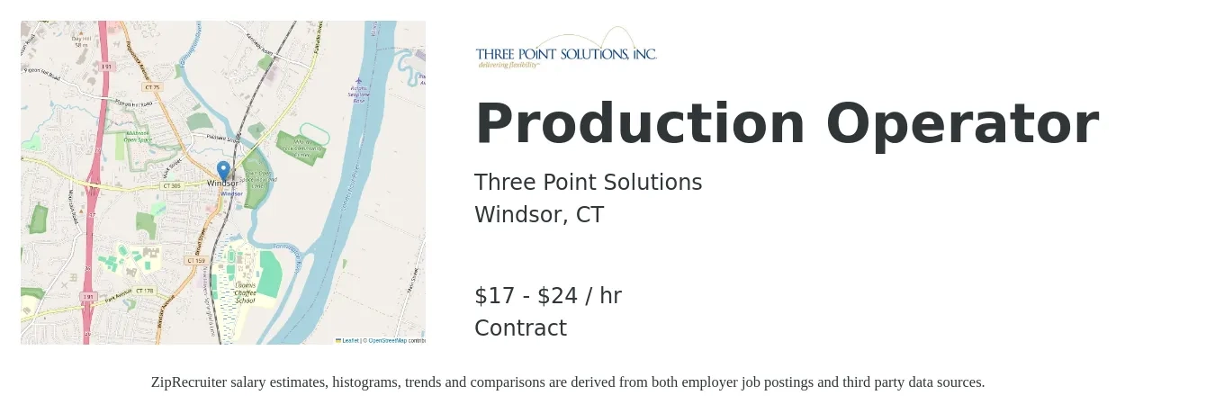 Three Point Solutions job posting for a Production Operator in Windsor, CT with a salary of $18 to $25 Hourly with a map of Windsor location.