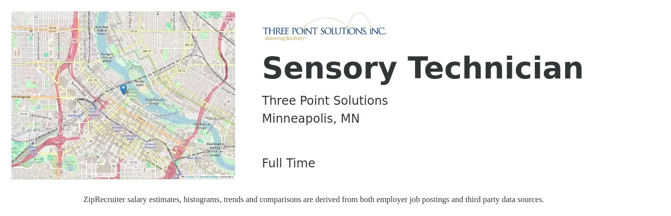 Three Point Solutions job posting for a Sensory Technician in Minneapolis, MN with a salary of $19 to $26 Hourly with a map of Minneapolis location.