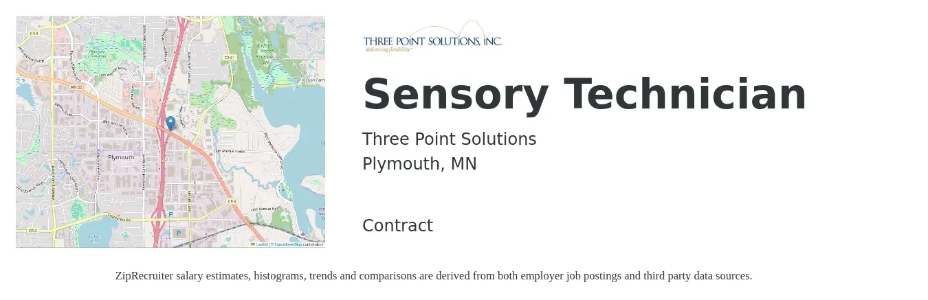 Three Point Solutions job posting for a Sensory Technician in Plymouth, MN with a salary of $19 to $27 Hourly with a map of Plymouth location.