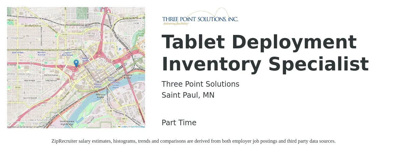 Three Point Solutions job posting for a Tablet Deployment Inventory Specialist in Saint Paul, MN with a salary of $18 to $23 Hourly with a map of Saint Paul location.