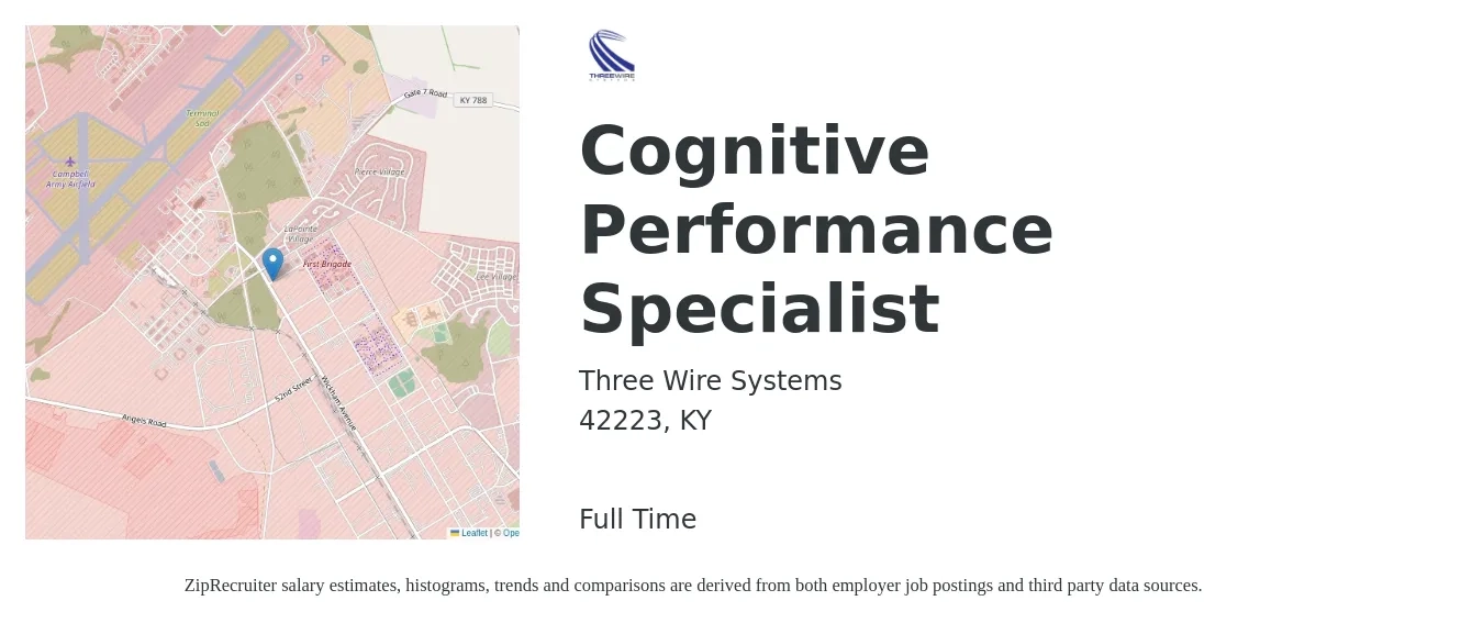 Three Wire Systems job posting for a Cognitive Performance Specialist in 42223, KY with a salary of $48,300 to $78,600 Yearly with a map of 42223 location.