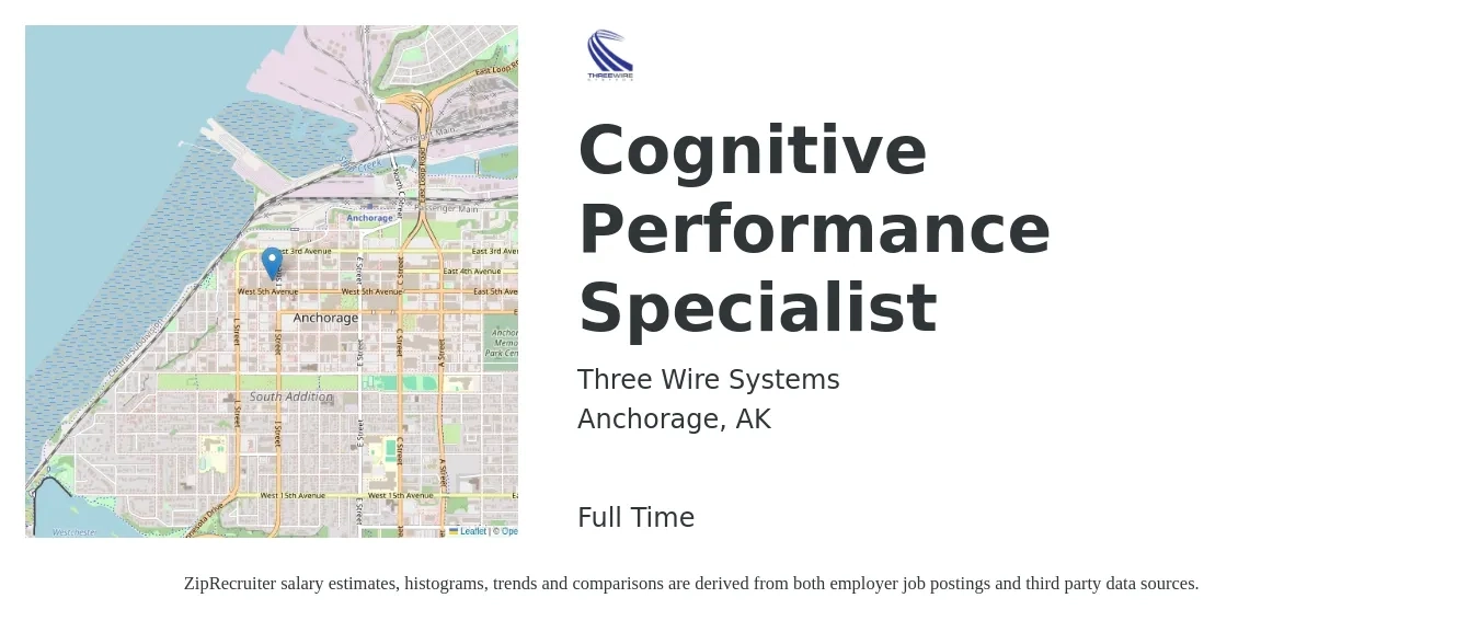 Three Wire Systems job posting for a Cognitive Performance Specialist in Anchorage, AK with a salary of $52,100 to $84,800 Yearly with a map of Anchorage location.