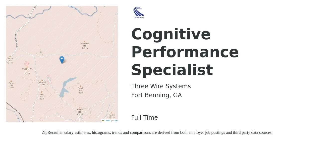Three Wire Systems job posting for a Cognitive Performance Specialist in Fort Benning, GA with a salary of $50,500 to $82,200 Yearly with a map of Fort Benning location.