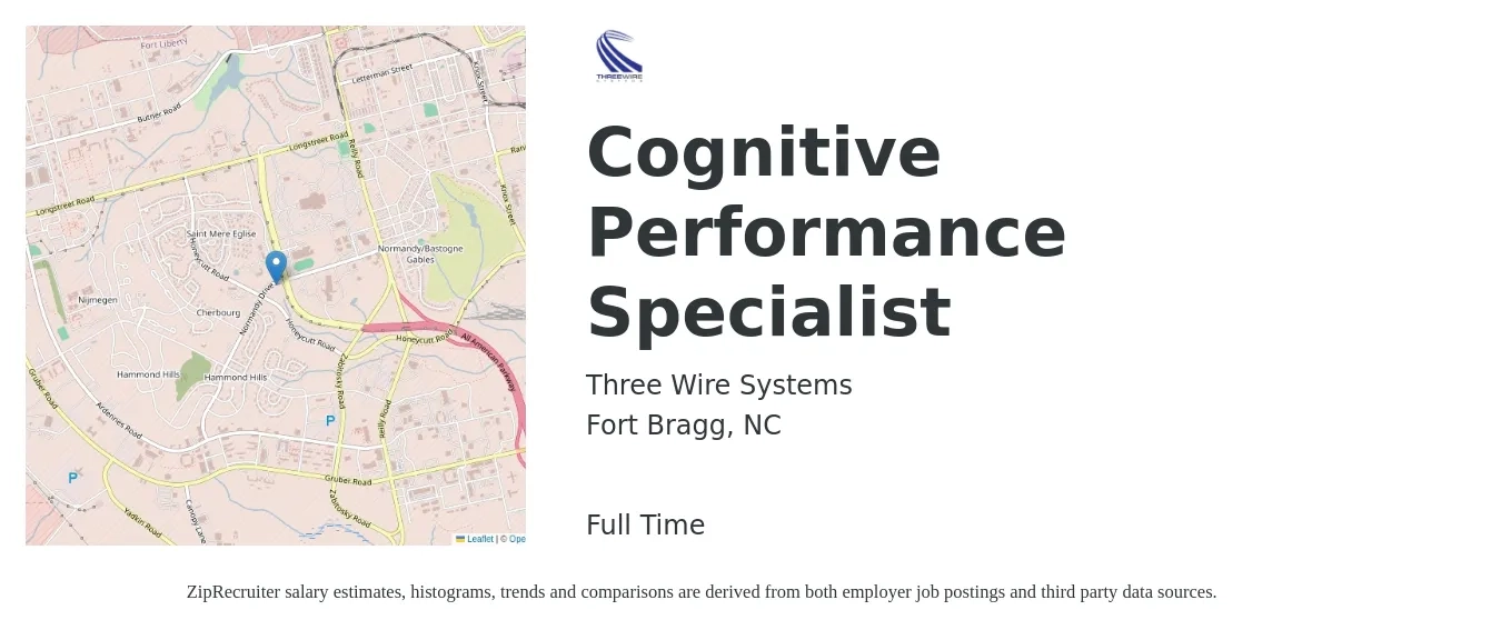 Three Wire Systems job posting for a Cognitive Performance Specialist in Fort Bragg, NC with a salary of $50,200 to $81,700 Yearly with a map of Fort Bragg location.