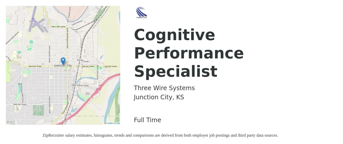 Three Wire Systems job posting for a Cognitive Performance Specialist in Junction City, KS with a salary of $47,800 to $77,700 Yearly with a map of Junction City location.
