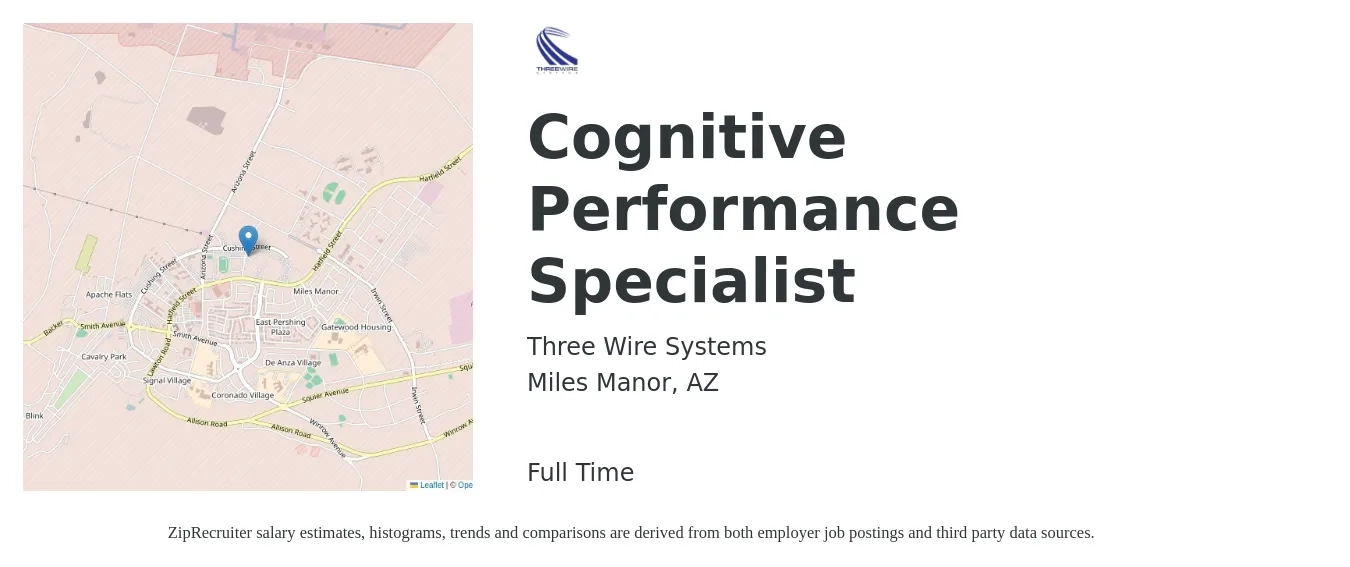Three Wire Systems job posting for a Cognitive Performance Specialist in Miles Manor, AZ with a salary of $49,000 to $79,800 Yearly with a map of Miles Manor location.