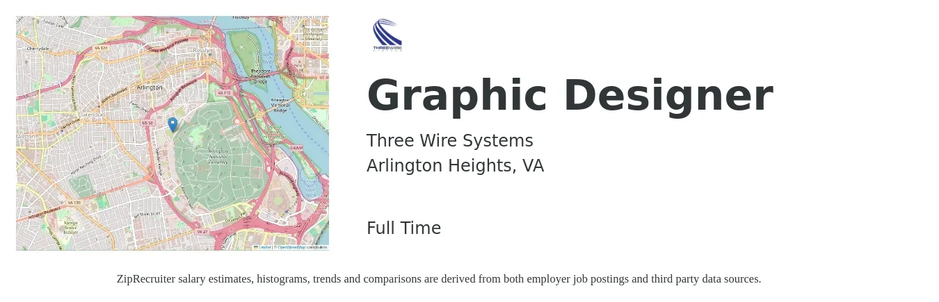 Three Wire Systems job posting for a Graphic Designer in Arlington Heights, VA with a salary of $24 to $37 Hourly with a map of Arlington Heights location.