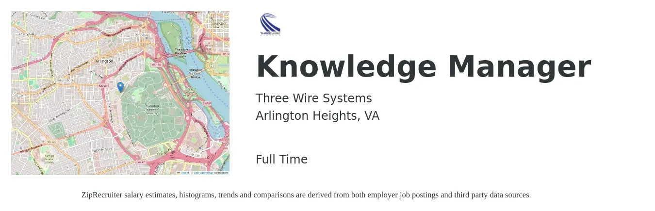 Three Wire Systems job posting for a Knowledge Manager in Arlington Heights, VA with a salary of $75,400 to $118,300 Yearly with a map of Arlington Heights location.