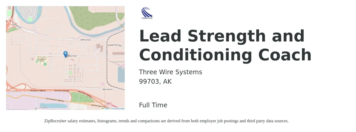 Three Wire Systems job posting for a Lead Strength and Conditioning Coach in 99703, AK with a salary of $20 to $30 Hourly with a map of 99703 location.
