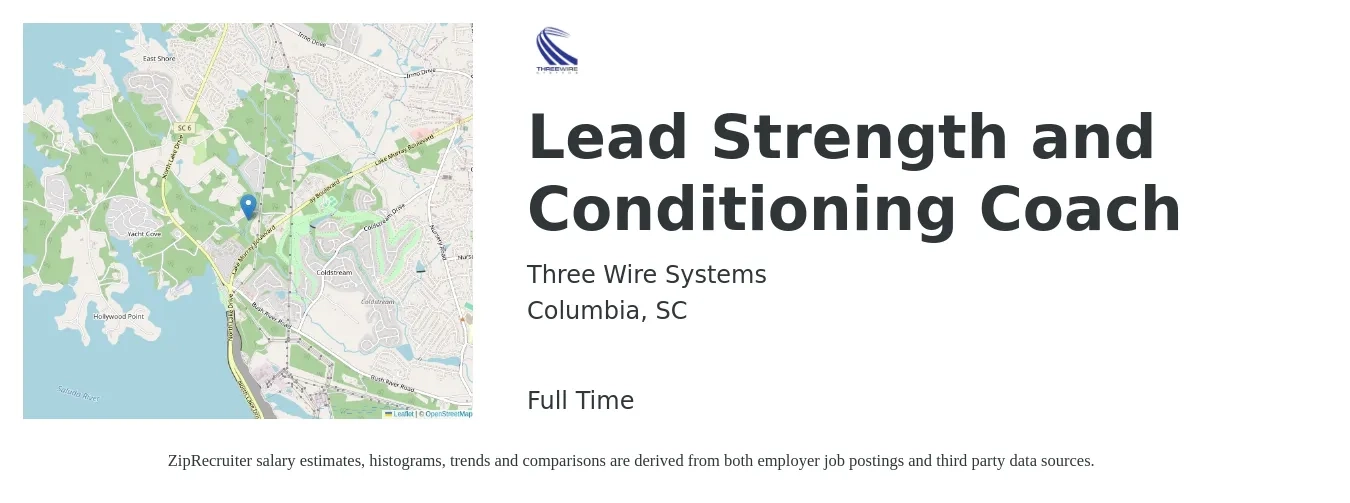 Three Wire Systems job posting for a Lead Strength and Conditioning Coach in Columbia, SC with a salary of $18 to $26 Hourly with a map of Columbia location.