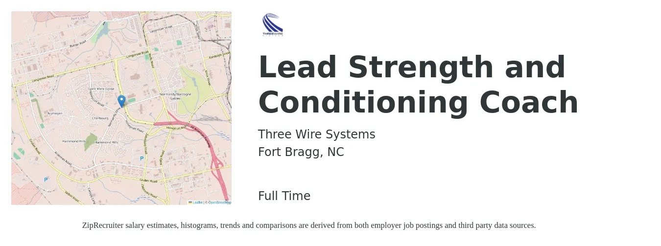 Three Wire Systems job posting for a Lead Strength and Conditioning Coach in Fort Bragg, NC with a salary of $20 to $28 Hourly with a map of Fort Bragg location.