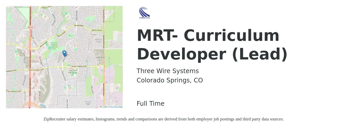 Three Wire Systems job posting for a MRT- Curriculum Developer (Lead) in Colorado Springs, CO with a salary of $28 to $39 Hourly with a map of Colorado Springs location.