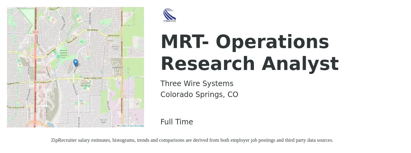 Three Wire Systems job posting for a MRT- Operations Research Analyst in Colorado Springs, CO with a salary of $94,800 to $112,200 Yearly with a map of Colorado Springs location.