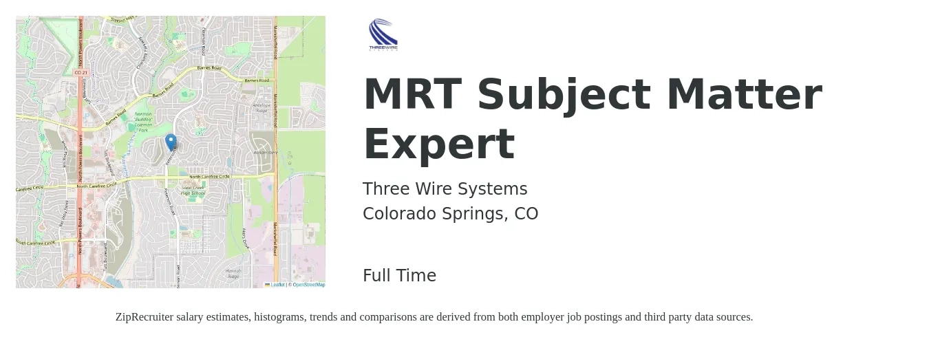 Three Wire Systems job posting for a MRT Subject Matter Expert in Colorado Springs, CO with a salary of $31 to $57 Hourly with a map of Colorado Springs location.