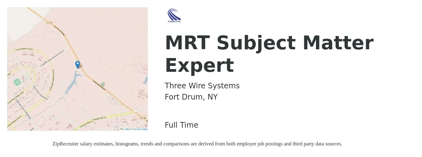 Three Wire Systems job posting for a MRT Subject Matter Expert in Fort Drum, NY with a salary of $30 to $54 Hourly with a map of Fort Drum location.