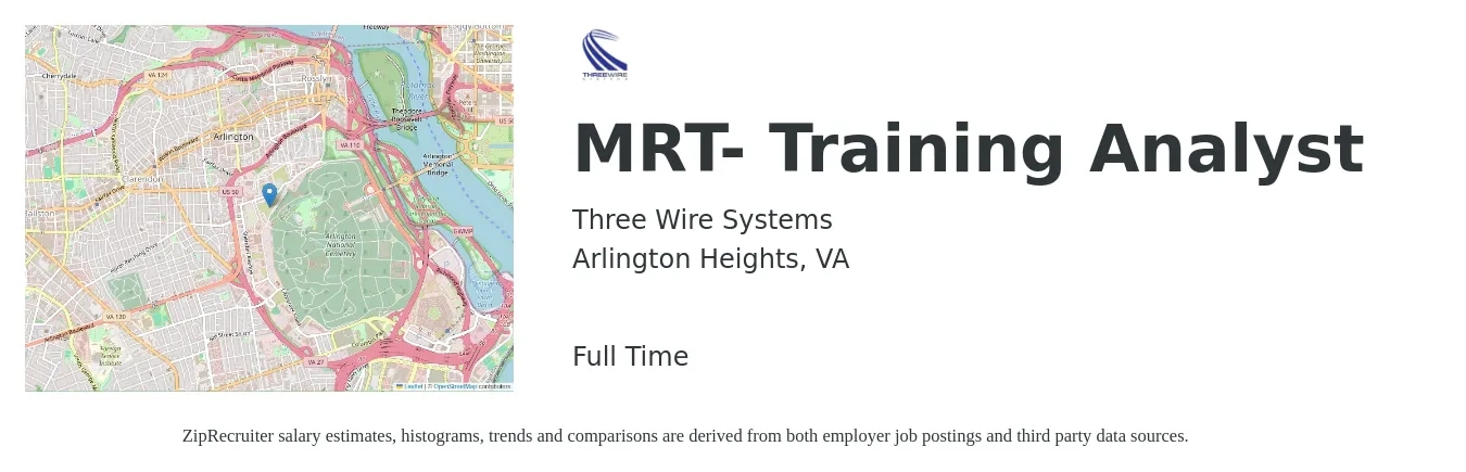 Three Wire Systems job posting for a MRT- Training Analyst in Arlington Heights, VA with a salary of $69,700 to $108,000 Yearly with a map of Arlington Heights location.