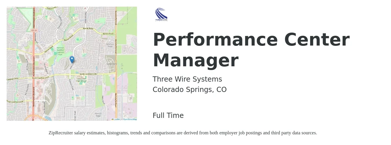 Three Wire Systems job posting for a Performance Center Manager in Colorado Springs, CO with a salary of $63,100 to $121,300 Yearly with a map of Colorado Springs location.