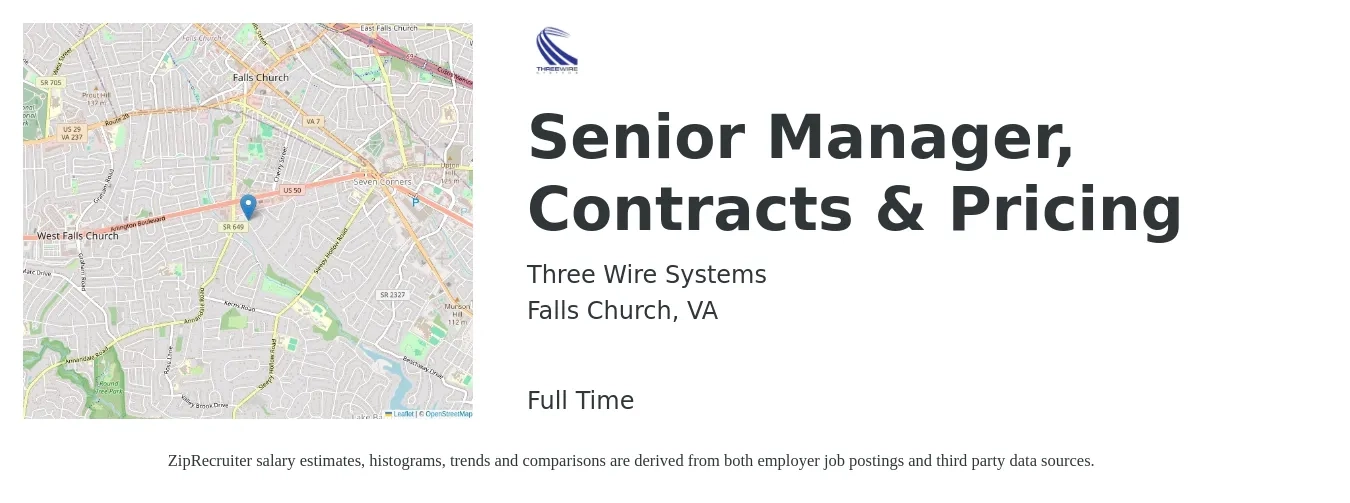 Three Wire Systems job posting for a Senior Manager, Contracts & Pricing in Falls Church, VA with a salary of $96,500 to $145,100 Yearly with a map of Falls Church location.