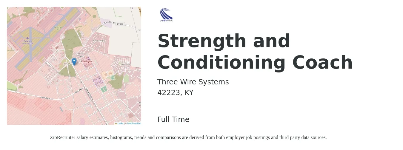 Three Wire Systems job posting for a Strength and Conditioning Coach in 42223, KY with a salary of $19 to $27 Hourly with a map of 42223 location.