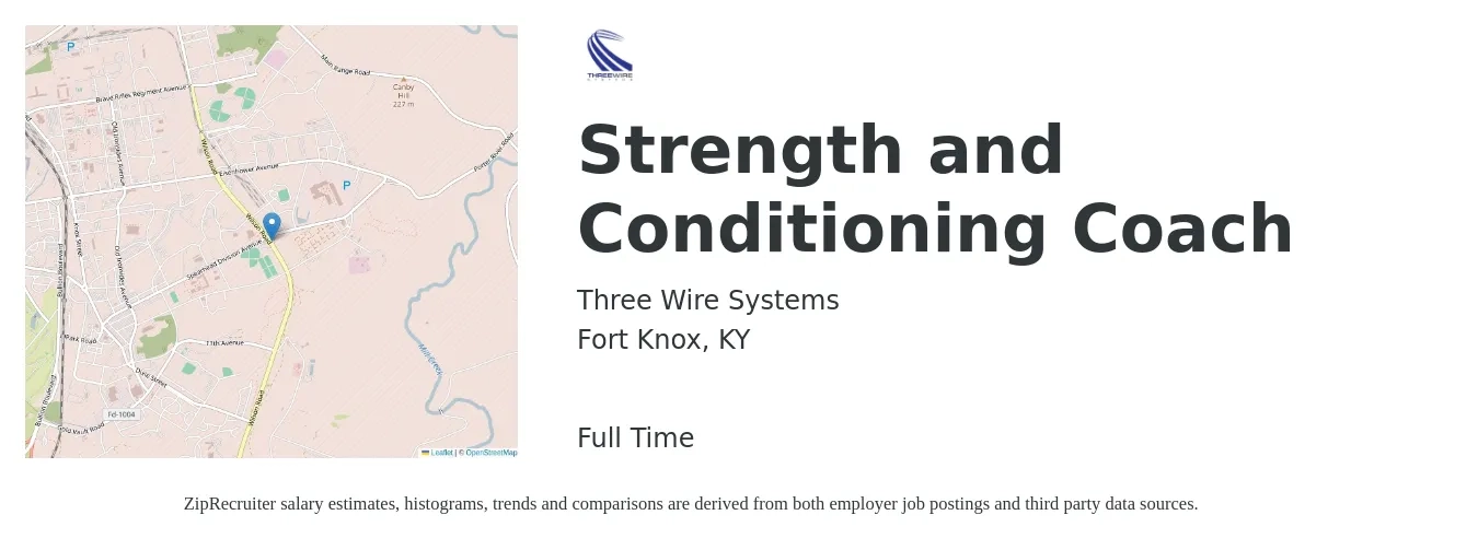 Three Wire Systems job posting for a Strength and Conditioning Coach in Fort Knox, KY with a salary of $19 to $28 Hourly with a map of Fort Knox location.