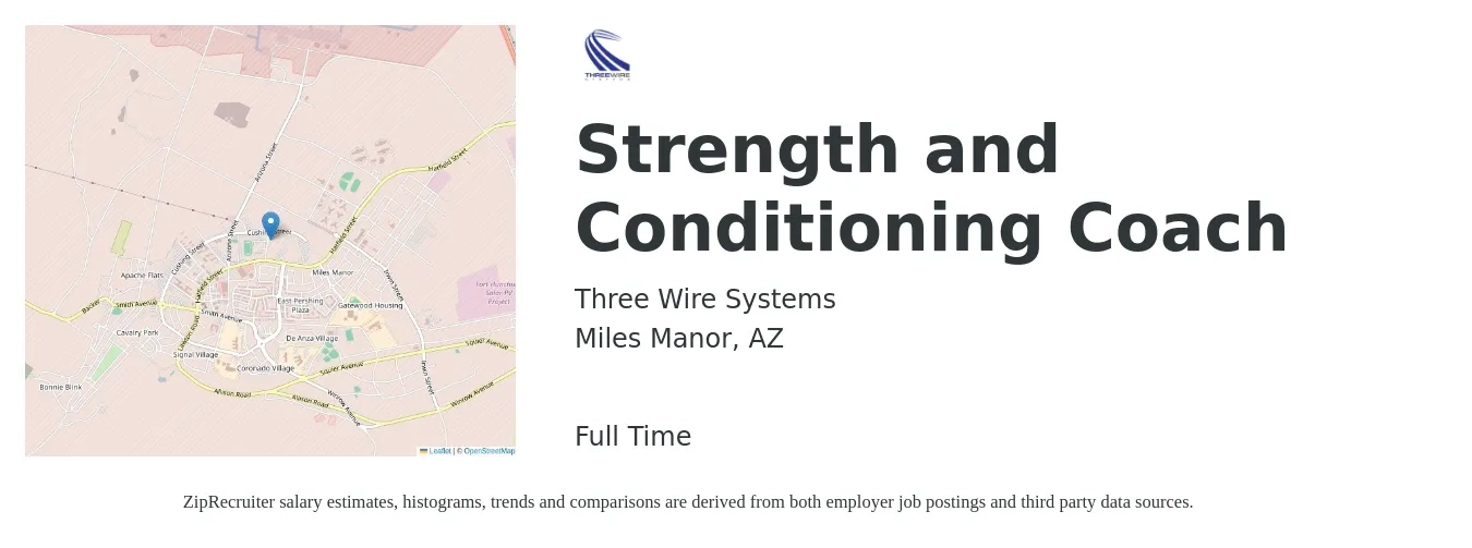 Three Wire Systems job posting for a Strength and Conditioning Coach in Miles Manor, AZ with a salary of $19 to $28 Hourly with a map of Miles Manor location.