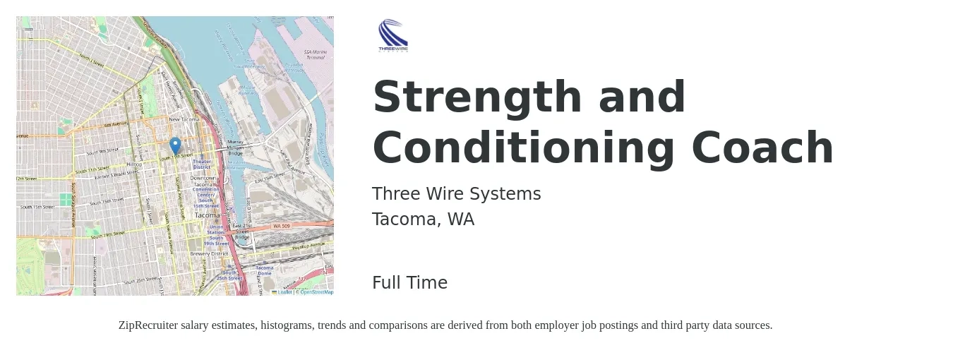 Three Wire Systems job posting for a Strength and Conditioning Coach in Tacoma, WA with a salary of $22 to $31 Hourly with a map of Tacoma location.