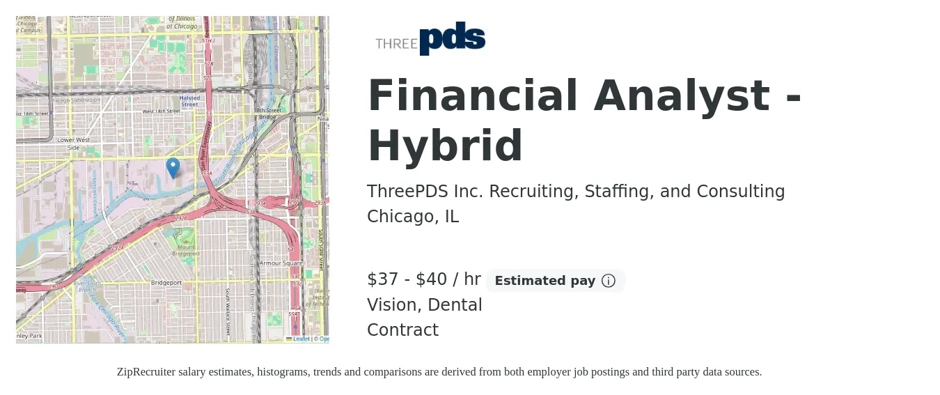 ThreePDS Inc. Recruiting, Staffing, and Consulting job posting for a Financial Analyst - Hybrid in Chicago, IL with a salary of $39 to $42 Hourly and benefits including vision, dental, and retirement with a map of Chicago location.