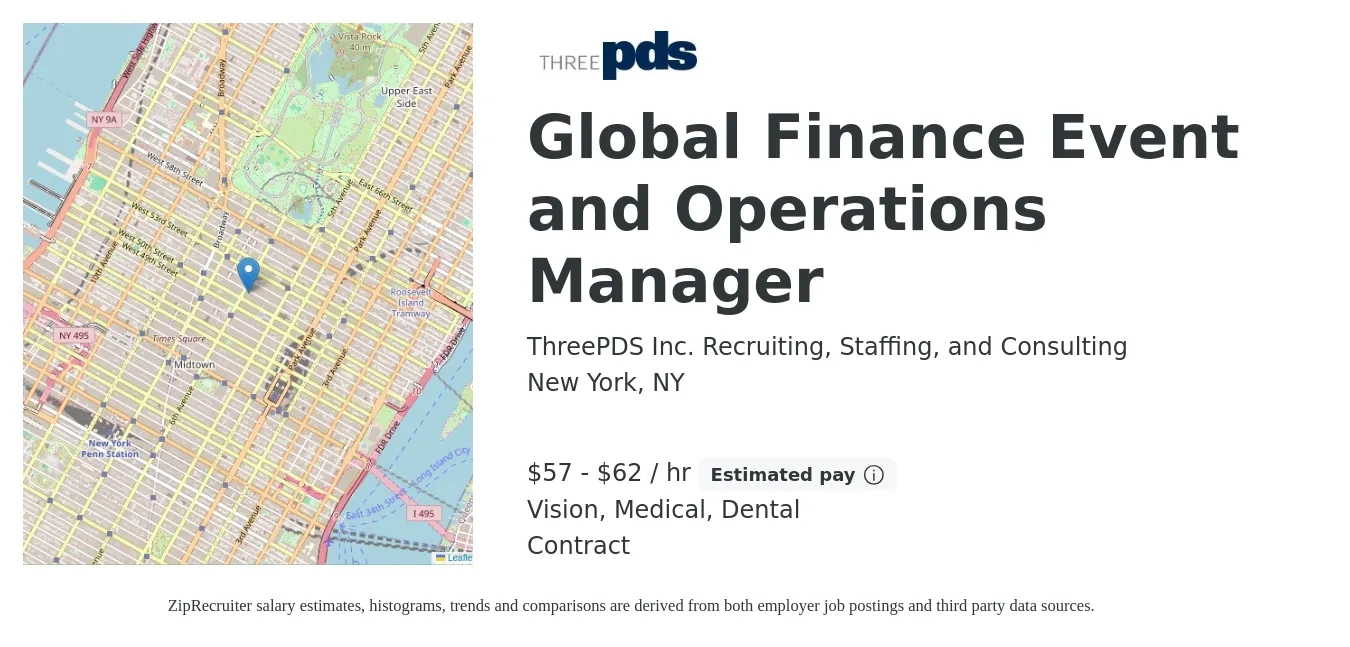ThreePDS Inc. Recruiting, Staffing, and Consulting job posting for a Global Finance Event and Operations Manager in New York, NY with a salary of $60 to $65 Hourly and benefits including dental, life_insurance, medical, retirement, and vision with a map of New York location.