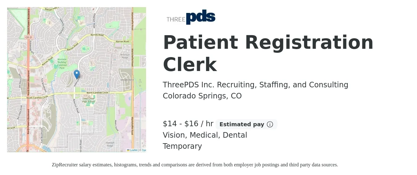 ThreePDS Inc. Recruiting, Staffing, and Consulting job posting for a Patient Registration Clerk in Colorado Springs, CO with a salary of $15 to $17 Hourly and benefits including dental, life_insurance, medical, pto, retirement, and vision with a map of Colorado Springs location.