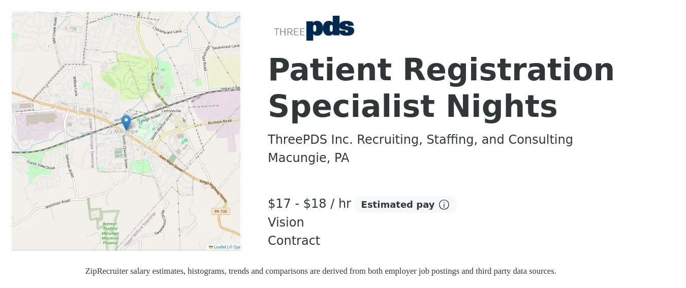ThreePDS Inc. Recruiting, Staffing, and Consulting job posting for a Patient Registration Specialist Nights in Macungie, PA with a salary of $18 to $19 Hourly and benefits including vision with a map of Macungie location.