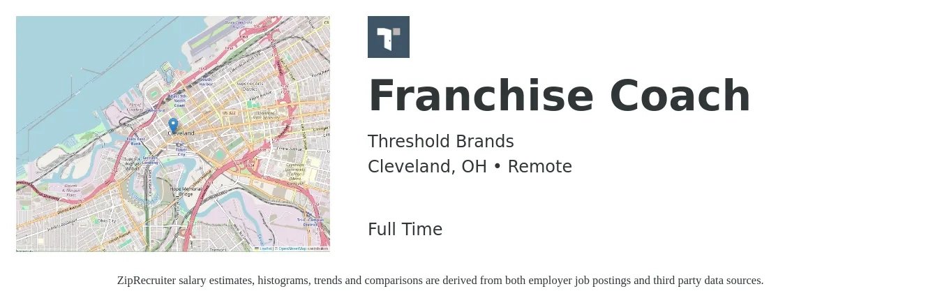 Threshold Brands job posting for a Franchise Coach in Cleveland, OH with a salary of $63,000 to $92,100 Yearly with a map of Cleveland location.