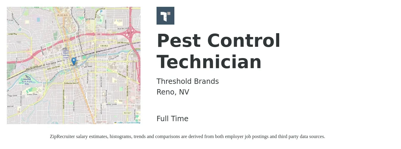 Threshold Brands job posting for a Pest Control Technician in Reno, NV with a salary of $20 to $24 Hourly with a map of Reno location.
