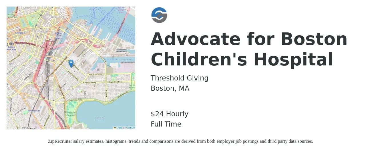 Threshold Giving job posting for a Advocate for Boston Children's Hospital in Boston, MA with a salary of $25 Yearly with a map of Boston location.