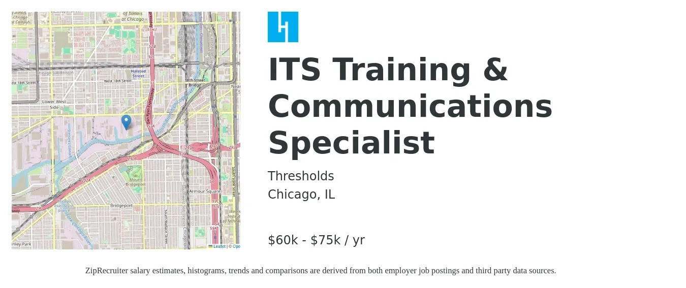 Thresholds job posting for a ITS Training & Communications Specialist in Chicago, IL with a salary of $60,000 to $75,000 Yearly with a map of Chicago location.