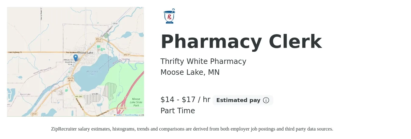 Thrifty White Pharmacy job posting for a Pharmacy Clerk in Moose Lake, MN with a salary of $15 to $18 Hourly with a map of Moose Lake location.