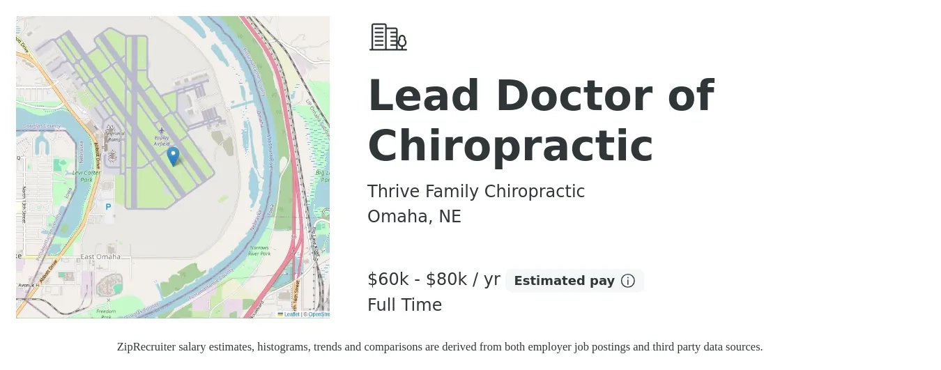Thrive Family Chiropractic job posting for a Lead Doctor of Chiropractic in Omaha, NE with a salary of $60,000 to $80,000 Yearly with a map of Omaha location.