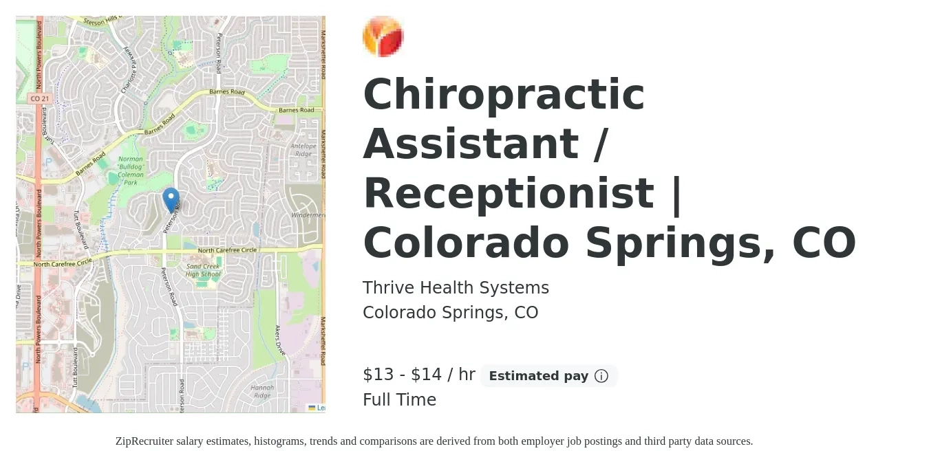 Thrive Health Systems job posting for a Chiropractic Assistant / Receptionist | Colorado Springs, CO in Colorado Springs, CO with a salary of $14 to $15 Hourly with a map of Colorado Springs location.