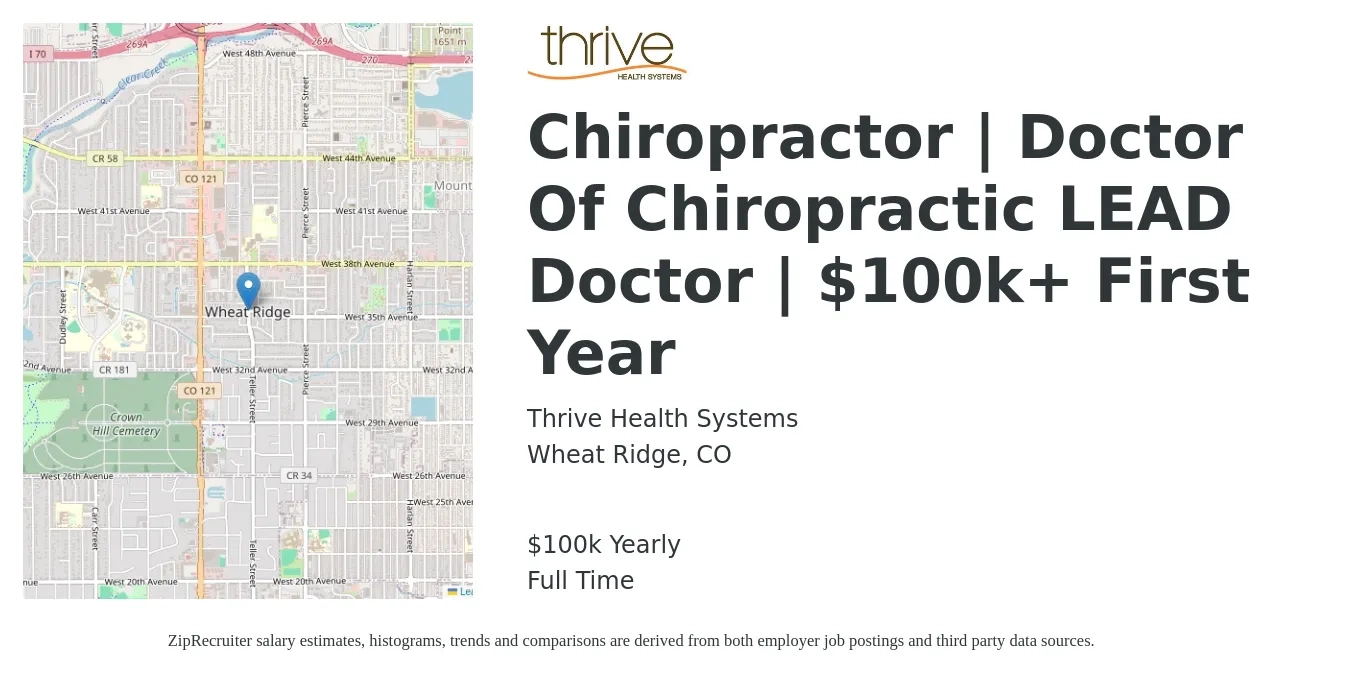 Thrive Health Systems job posting for a Chiropractor | Doctor Of Chiropractic LEAD Doctor | $100k+ First Year in Wheat Ridge, CO with a salary of $100,000 Yearly with a map of Wheat Ridge location.